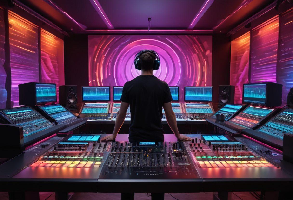 A futuristic sound studio with an aspiring sound engineer adjusting vibrant sound waves on a large mixing console, surrounded by colorful audio equipment and creative sound design tools. The atmosphere is filled with a blend of digital and analog aesthetics, showcasing innovation in audio editing. Soft light illuminates the workspace, emphasizing the artistic process of sound creation. super-realistic. vibrant colors. 3D.