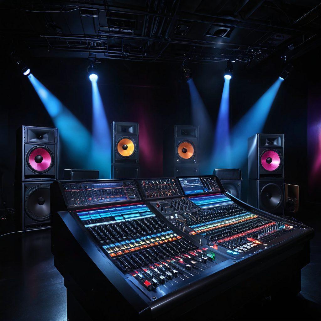 A vibrant soundstage filled with a diverse group of musicians collaborating around a high-tech mixing console, colorful sound waves visually emanating from speakers, dynamic lighting highlighting the creative energy in the studio. super-realistic. vibrant colors. dark background.