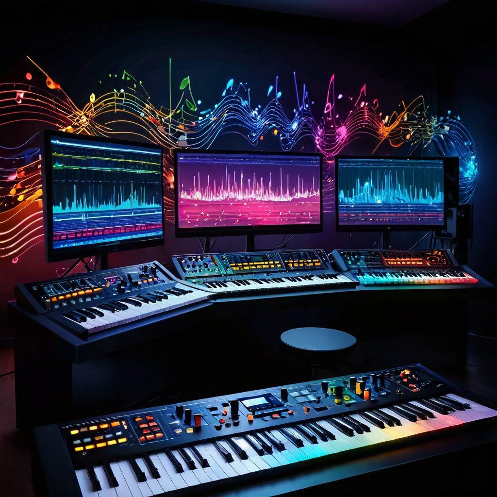 A vibrant studio scene with an audio mixing console, displaying colorful sound waves on screens. Surrounding the console are various musical instruments like guitars and a keyboard, with notes and sound clips floating around, symbolizing creativity in music production. The atmosphere is dynamic and illuminated by multicolored LED lights, reflecting the energy of audio mixing. Vector art. vibrant colors. nuanced details.